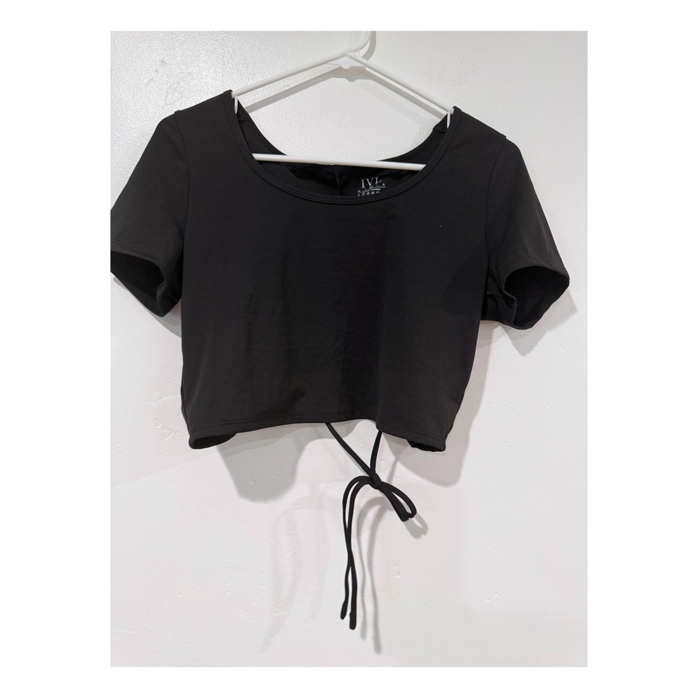 IVL Collective Womens Black Open Back Ruched Tie Crop Top Activewear Small